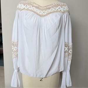 Ramy Brook White Blouse with Tan Embroidery off the shoulder peasant top XS
